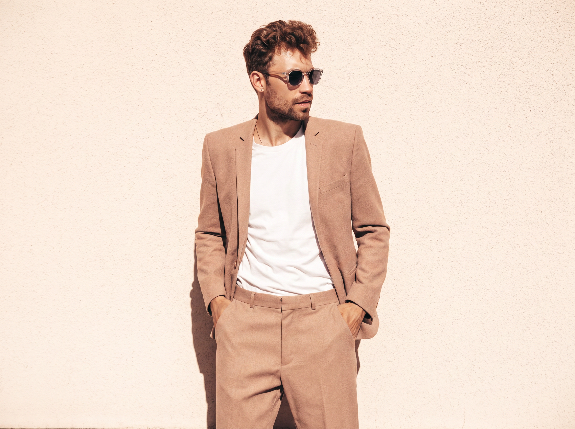 Man in a tan suit and sunglasses against a sunlit stucco wall